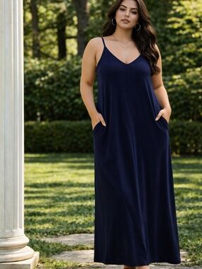 Zenana Premium Navy Maxi Slip Dress 1X Minimalist Stretch Lounge Capsule NWOT